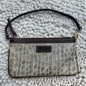 Dooney Bourke Croc Embossed Leather Large Slim Wristlet Bag Wallet Grey